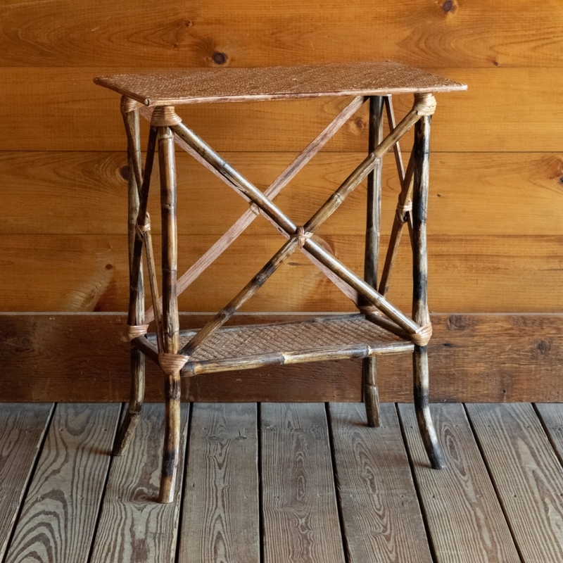 Side Table Scorched Bamboo X-Brace Frame, Woven Rattan Console Table
