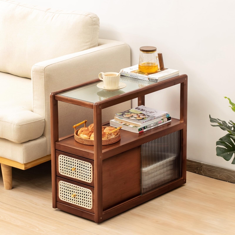 Side Table Sliding Fluted Door Rattan Drawers Glass Top Japandi