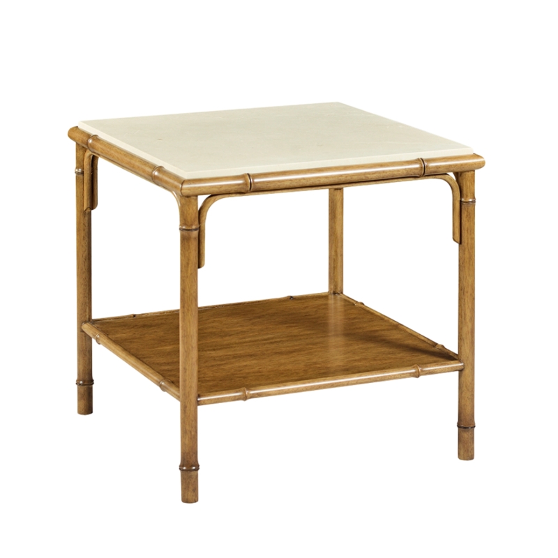 Side Table Stone Like Top Corner Accents, Bamboo Style End Table
