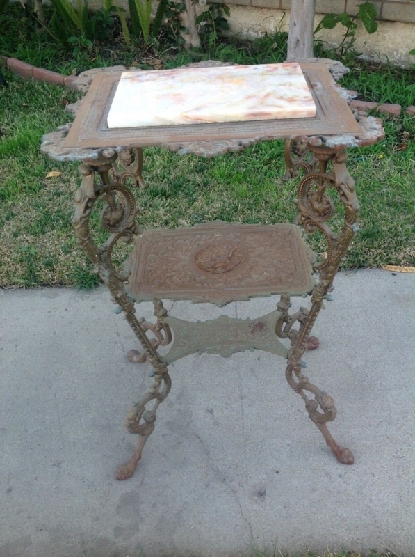 Side Table Tiered Shelves Marble Top Cast Metal Frame Victorian