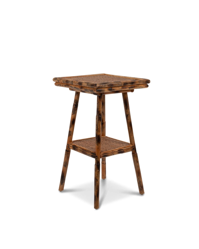 Side Table Woven Cane Top Tapered Legs Scorched Bamboo Tortoiseshell