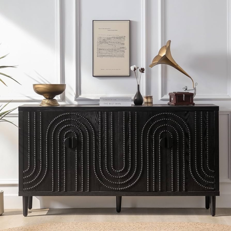 Sideboard Buffet, Textured Black Wood with Contemporary Beaded Arches