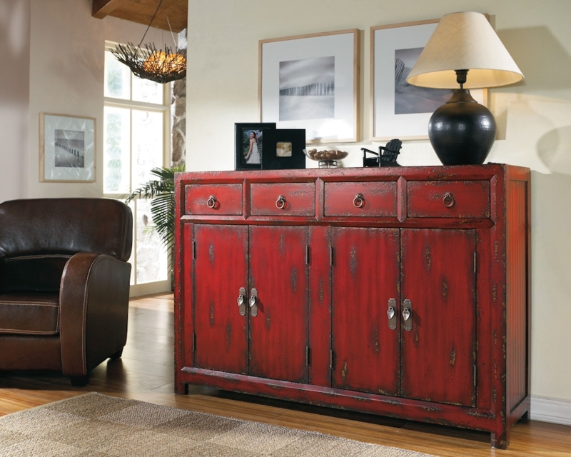 Sideboard Cabinet in Distressed Red Finish Four Doors