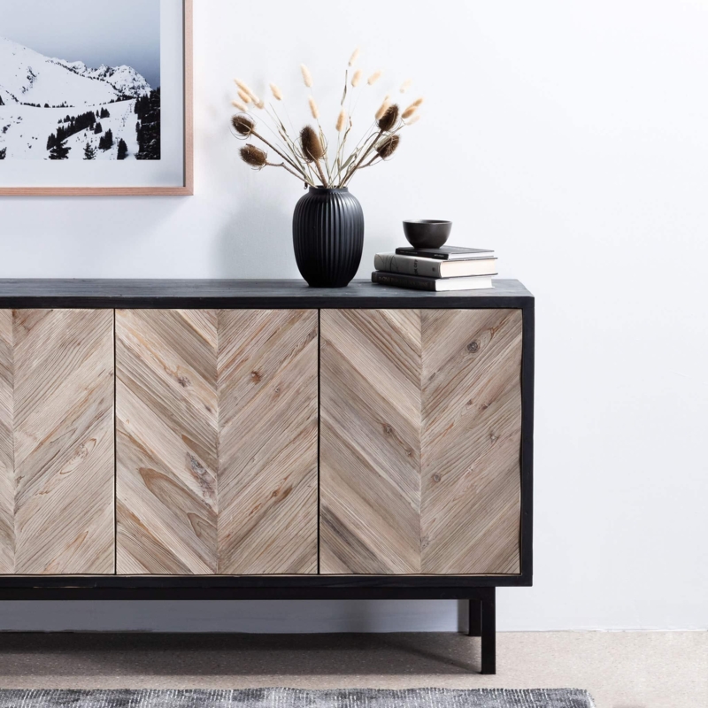 Sideboard, Chevron Wood Grain Doors with Matte Black Frame