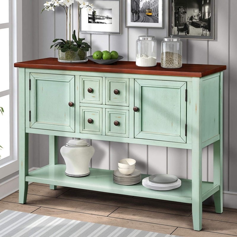 Sideboard, Distressed Sage Finish, Two-Tone Design & Four Central Drawers