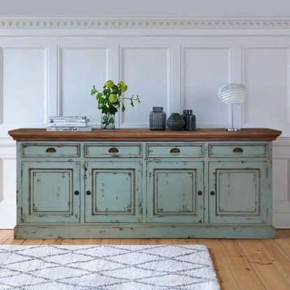 Sideboard, Extra Long Profile, Distressed Blue Finish & Two-Tone Design
