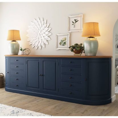 Sideboard, Navy Blue Finish with Curved End Cabinets & Extra Long Profile