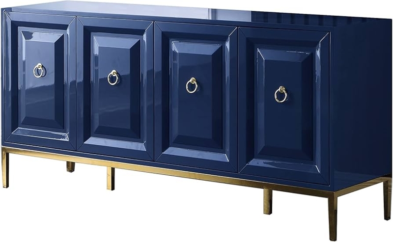 Sideboard, Navy Lacquer Finish with Gold Ring Pulls & Mitered Door Panels