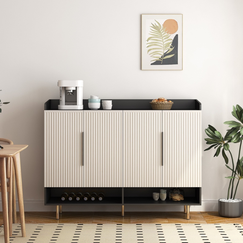 Sideboard Shoe Cabinet Fluted Doors Off White Brass Legs Open Base