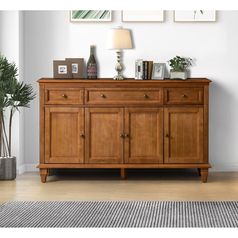 Sideboard, Warm Honey Finish, Vertical Plank Detailing & Three Drawers