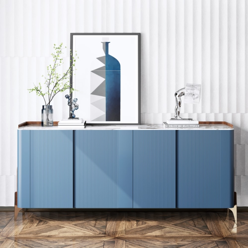 Sideboard with Fluted Blue Panels, Marble Top & Gold Tapered Legs