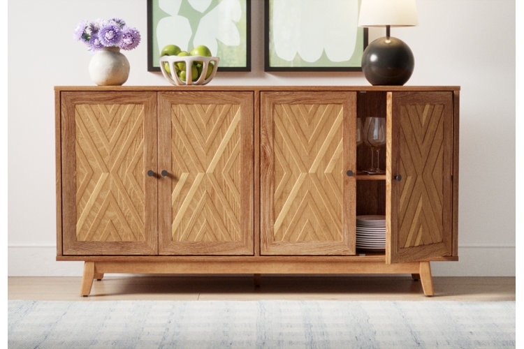 Sideboard with Geometric Carved Doors, Splayed Legs & Honey Brown Finish