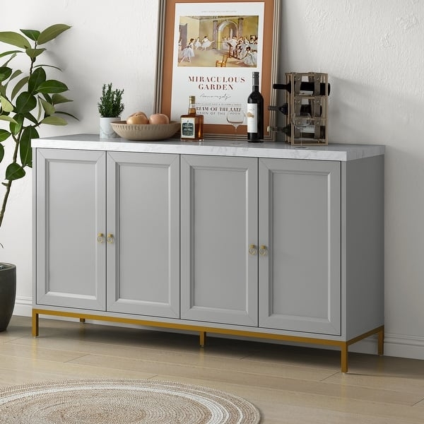 Sideboard with Gold Metal Frame, Marble Pattern Top & Ring Pull Hardware