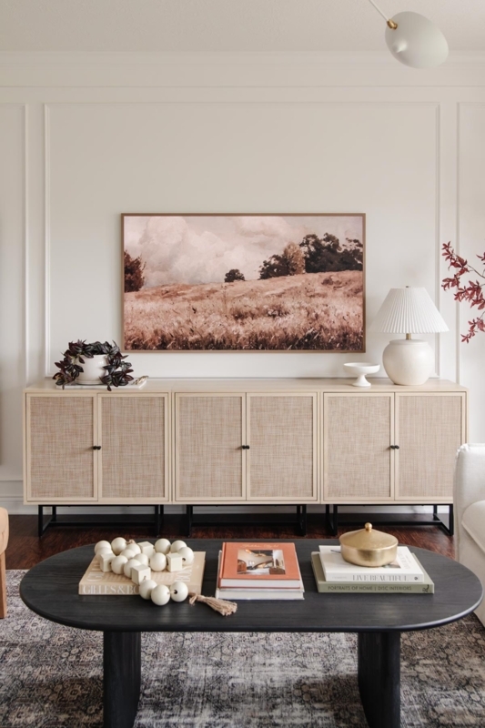 Sideboard with Rattan Cane Doors, Three-Unit Layout & Black Metal Base