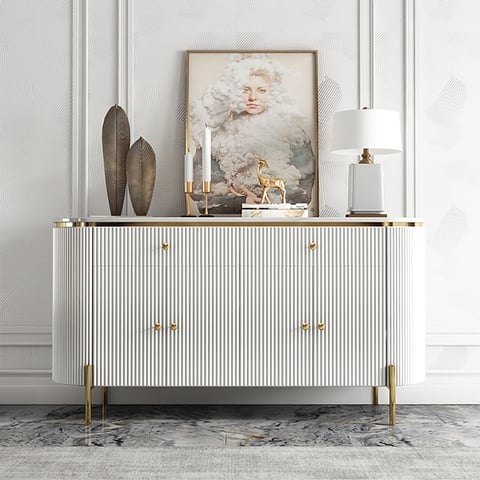 Sideboard with Vertical Ribbing, Rounded Ends & Gold Trim Accent