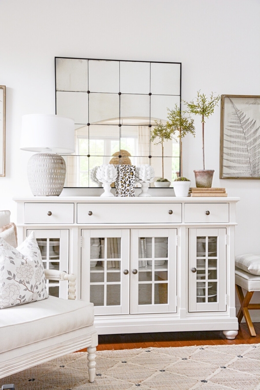 Sideboard with Windowpane Doors, Crisp White Finish & Bun Feet