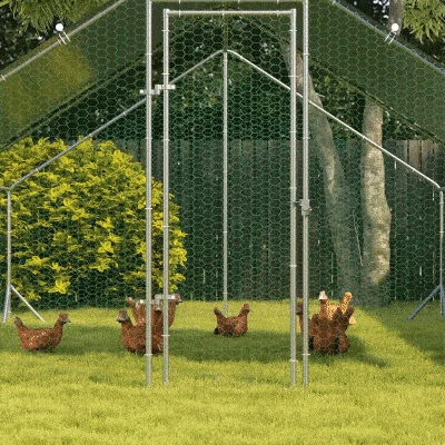 Silver Metal Chicken Run with Forest Green Canopy