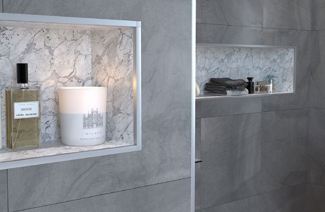 Silver Metal Edge Trim for Recessed Shower Niche and Marble Interior