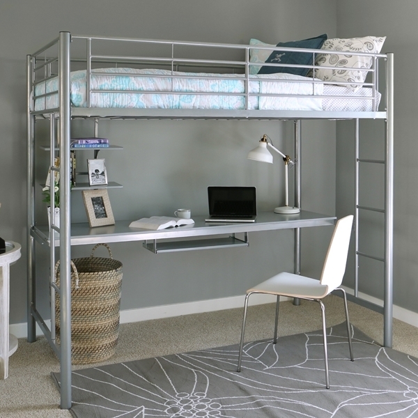 Silver Metal Loft Bed with Desk and Pull-Out Keyboard Tray