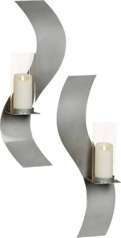 Silver Wave Wall Sconces Rhythmic Metal Hurricane Pair