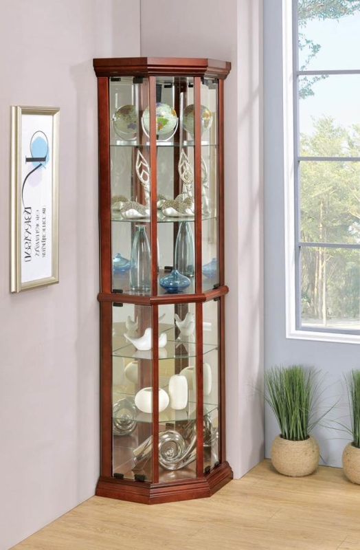 Six Shelf Corner Curio Cabinet in Medium Brown Hexagonal Design