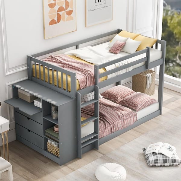 Slate Gray Bunk Bed Low Floor Design with Pull Out Desk