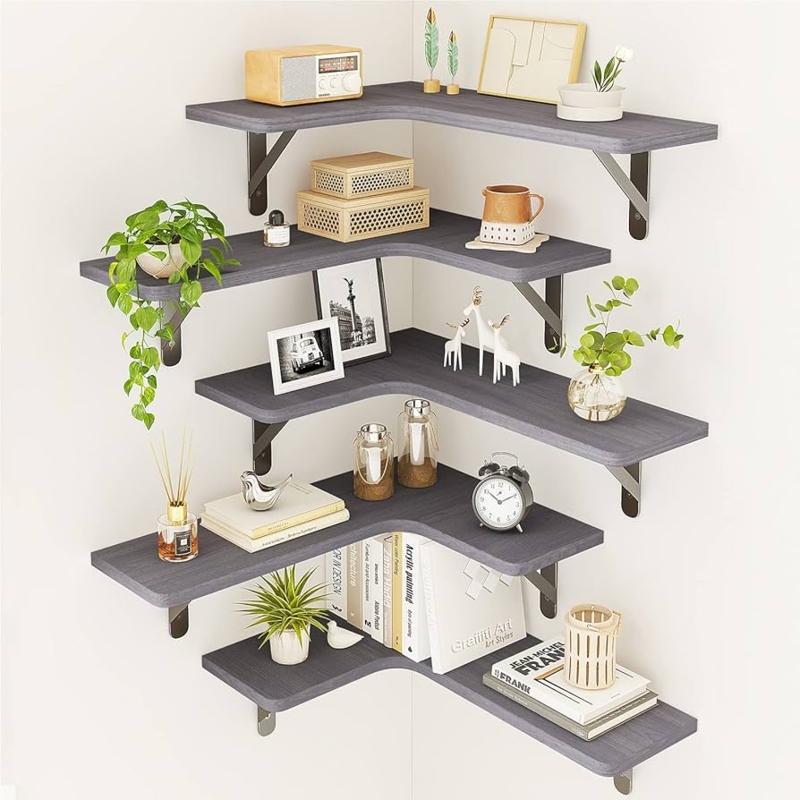 Slate Gray Corner Shelves: Rounded L-Shaped Staggered Set of 5