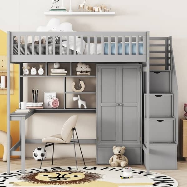 Slate Grey Loft Bed with Storage Staircase and Integrated Wardrobe