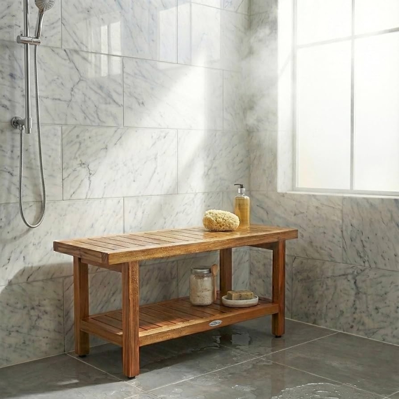 Slatted Wood Shower Stool with Rubber Feet and Storage