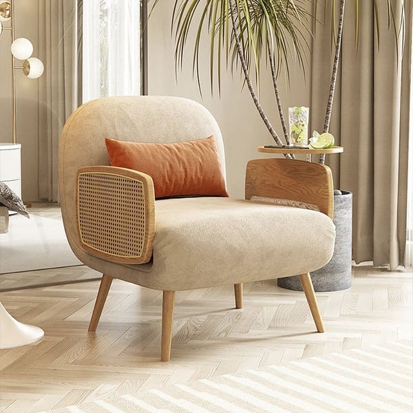 Sleeper Chair Beige Japandi Style Woven Cane Armrest Panels
