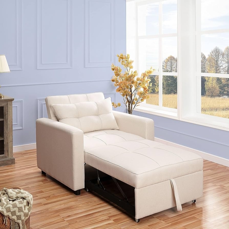 Sleeper Chair Beige Tufted Fabric Rectangular Arms Pull Out