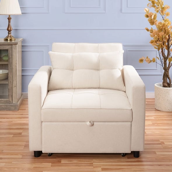 Sleeper Chair Cream Grid Tufted Cushions Track Arms Casters