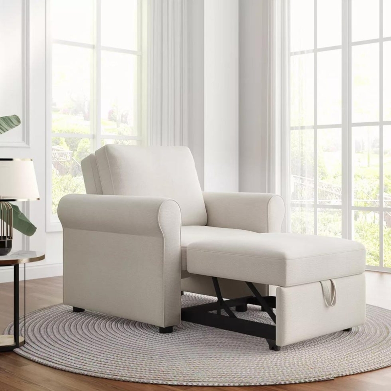 Sleeper Chair Cream Rolled Arms Pull Out Ottoman Pull Strap