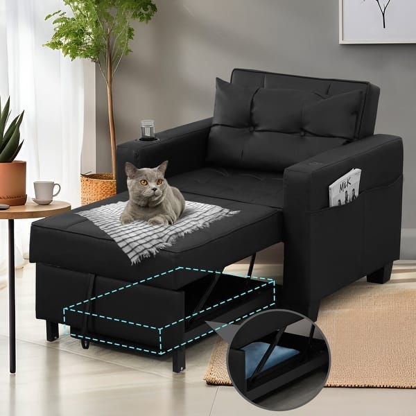 Sleeper Chair in Matte Black with Built-In Cup Holder