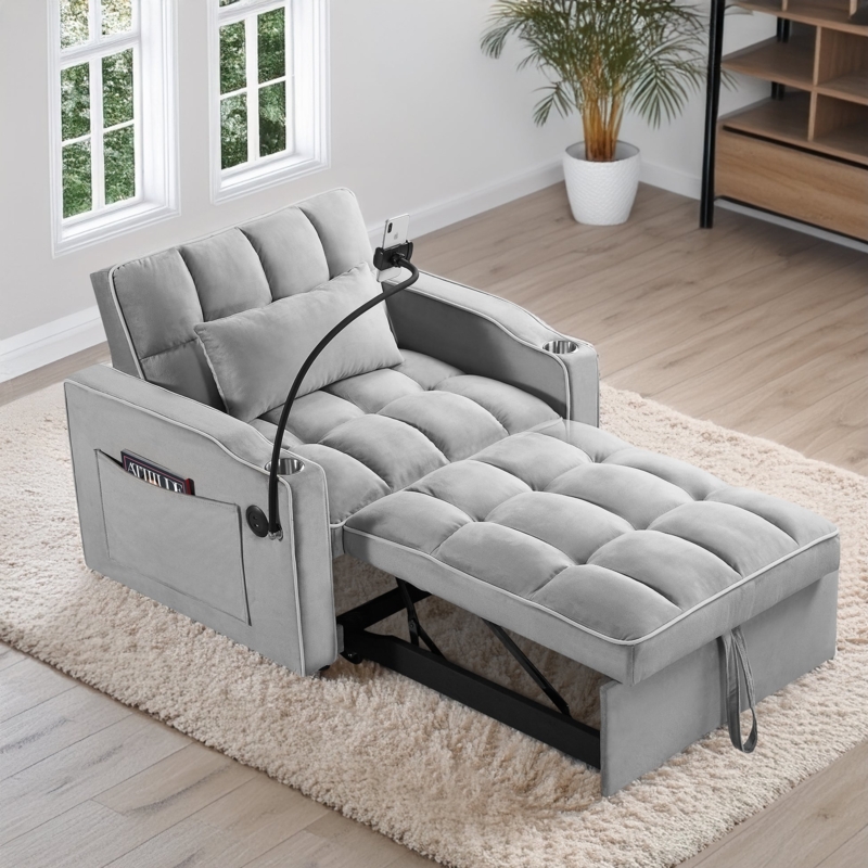 Sleeper Chair Light Grey Velvet Look Phone Mount Cup Holders