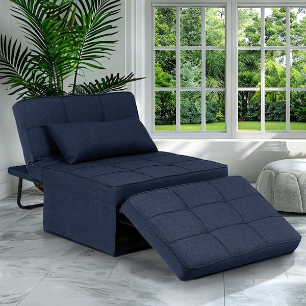 Sleeper Chair Navy Blue Square Quilting Pull Out Ottoman