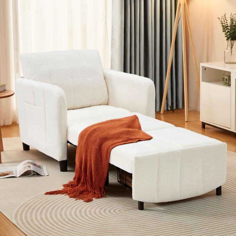 Sleeper Chair White Bouclé With Wire Storage Basket Side Pocket