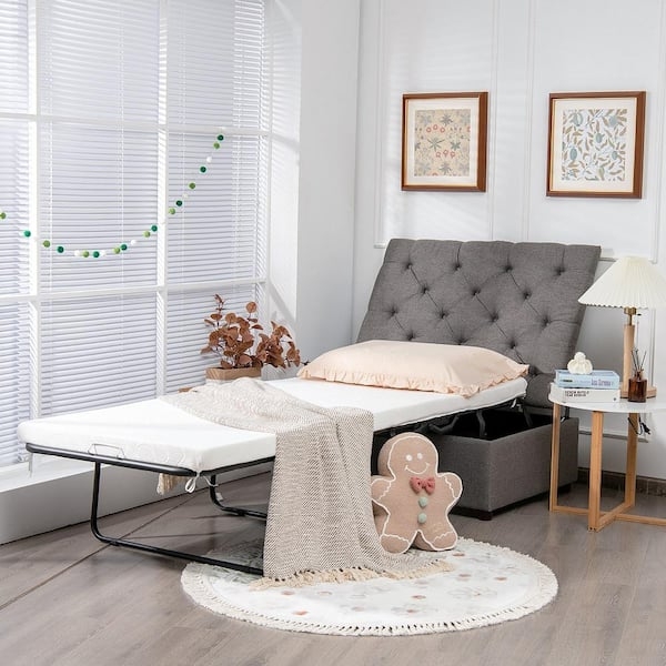 Sleeper Ottoman: Charcoal Grey Convertible Folding Bed with Compact Base