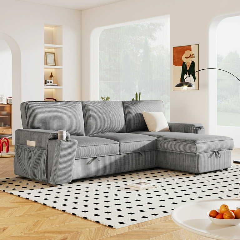 Sleeper Sectional with Ribbed Corduroy Texture and Cup Holders