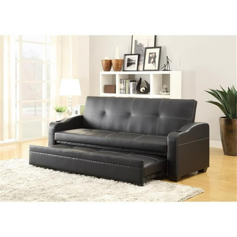 Sleeper Sofa Black Faux Leather Pull Out Trundle Contrast Stitching