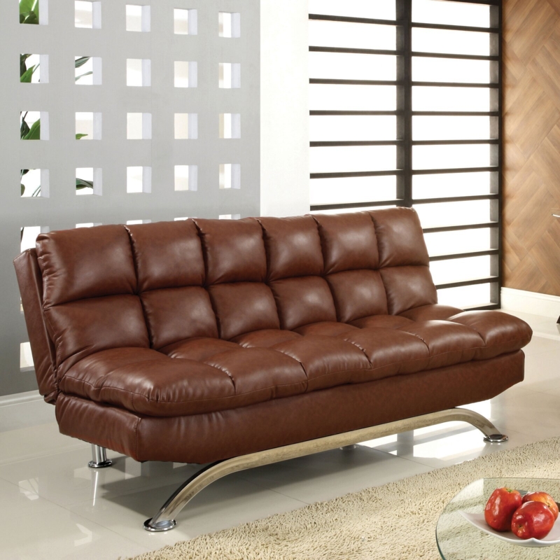 Sleeper Sofa, Brown Biscuit Tufted Sofa, Curved Chrome Base