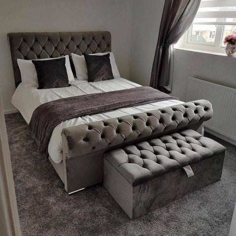 Sleigh Bed: Taupe Velvet-Like Fabric with Scrolled Headboard and Ottoman