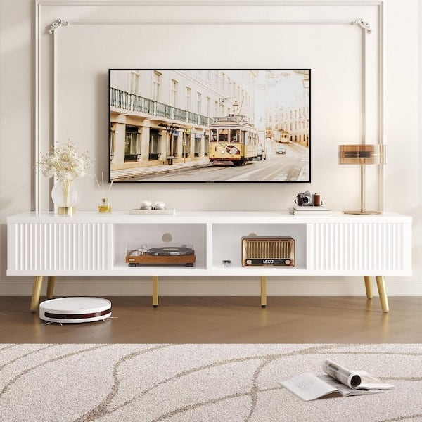 Sliding Door Sideboard: Glossy Fluted Texture, Gold Tapered Legs.
