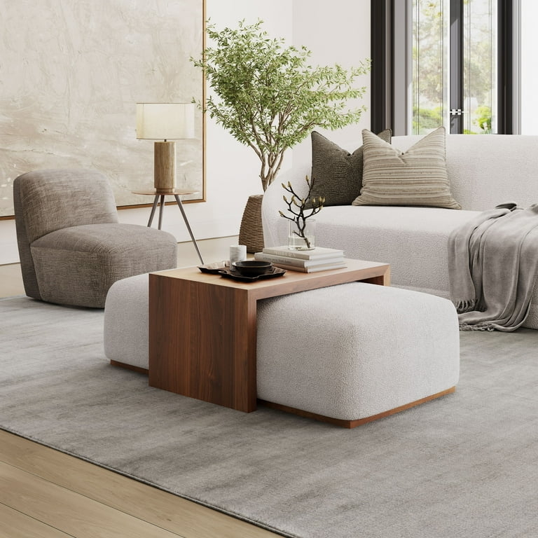 Sliding Ottoman Table Boucle Upholstery with C-Shaped Top