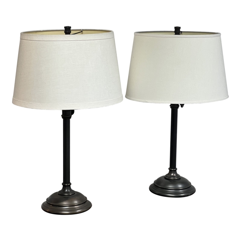 Slim Column Table Lamps in Antique Pewter, Set of Two