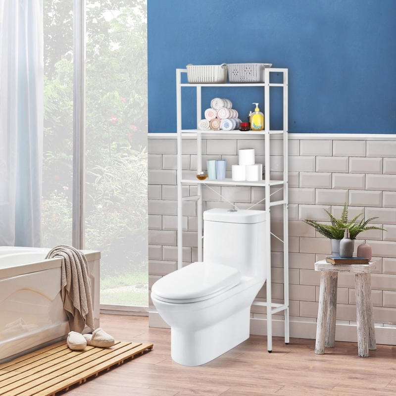 Slim Metal Bathroom Shelf: White 3-Tier Rack with X-Brace Stability