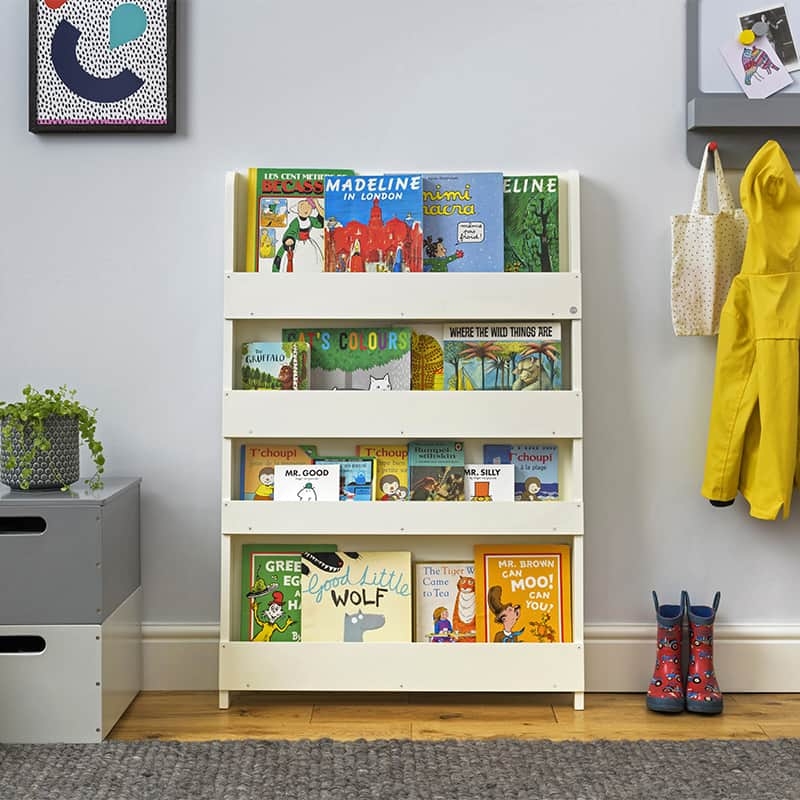Slim Profile Kids Bookshelf with Integrated Rails in Matte White