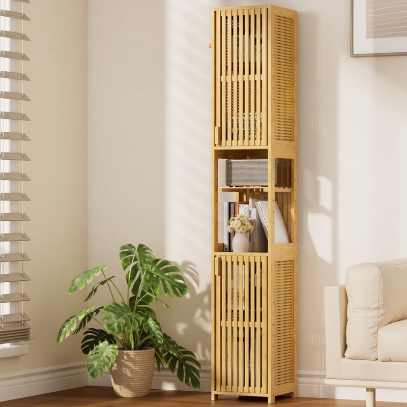 Slim Storage Cabinet Ventilated Mesh Side Panels Slat Front Doors
