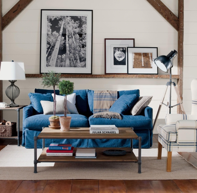 Slipcovered Sofa Indigo Denim Upholstery Industrial Farmhouse Style