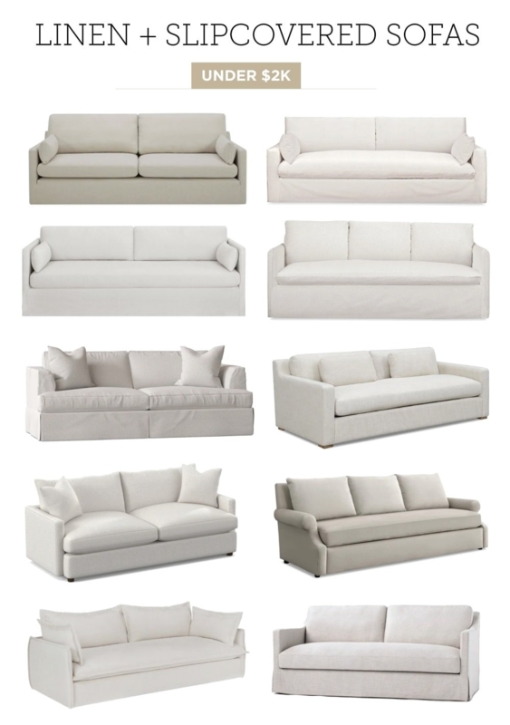 Slipcovered Sofa Linen Upholstery Neutral Cream Skirted Base